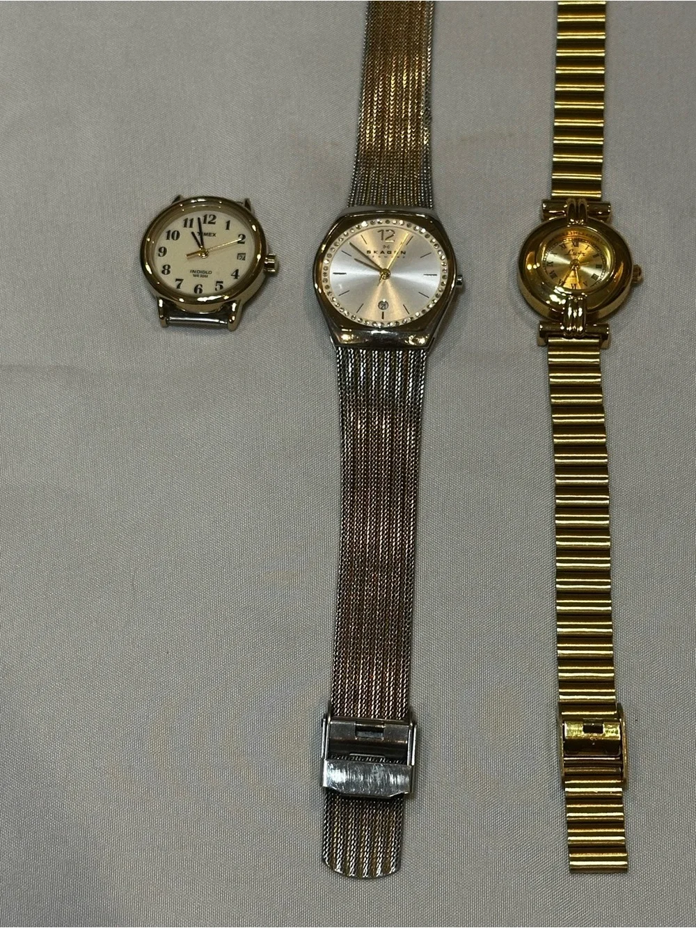 Watch Bundle: Timex Face, Two Tone Skagen and Gold Tone Lotus. Vintage inspired.